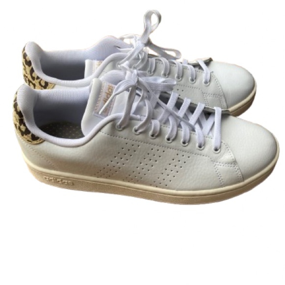 Adidas White Sneakers w/ Cheetah Print Heel & Cloudfoam Comfort Women’s 11